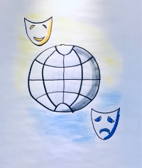 Zeichnung eines Globus mit einer lächelnden Maske oben links und einer traurigen Maske unten rechts, die guten und schlechten Datenschutz repräsentieren.